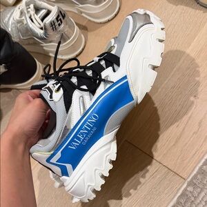 Valentino Garavani White and Silver Sneakers with Blue Accents